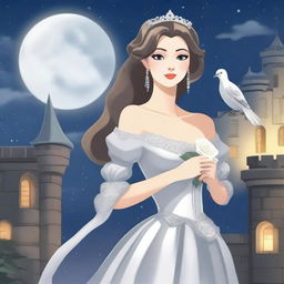 A beautiful woman in princess attire is standing in a castle, holding a white-grey rose