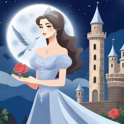 A beautiful woman in princess attire is standing in a castle, holding a grey rose