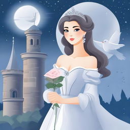 A beautiful woman in princess attire is standing in a castle, holding a grey rose