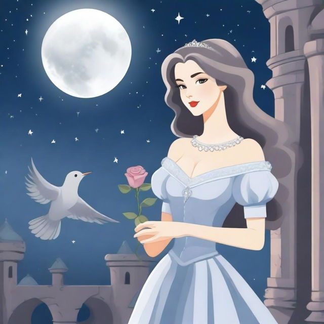 A beautiful woman in princess attire is standing in a castle, holding a grey rose