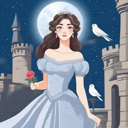 A beautiful woman in princess attire is standing in a castle, holding a grey rose