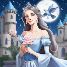 A beautiful woman with blue eyes, dressed in princess attire, is standing in a castle, holding a flower that resembles a grey rose