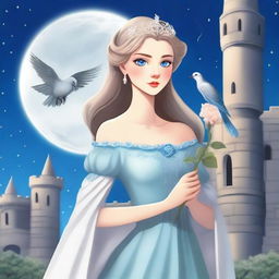 A beautiful woman with blue eyes, dressed in princess attire, is standing in a castle, holding a flower that resembles a grey rose