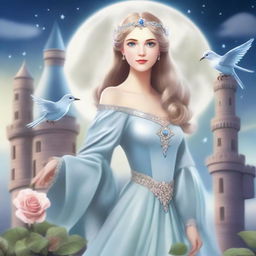 A beautiful woman with blue eyes, dressed in princess attire, is standing in a castle, holding a flower that resembles a grey rose