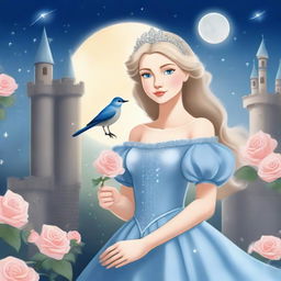 A beautiful woman with blue eyes, dressed in princess attire, is standing in a castle, holding a flower that resembles a grey rose