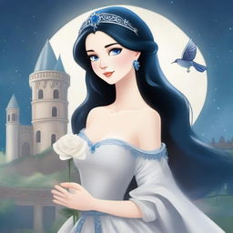 A beautiful woman with black hair and blue eyes, dressed in princess attire, is standing in a castle, holding a flower that resembles a grey rose