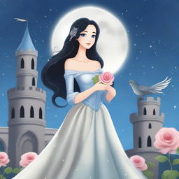 A beautiful woman with black hair and blue eyes, dressed in princess attire, is standing in a castle, holding a flower that resembles a grey rose