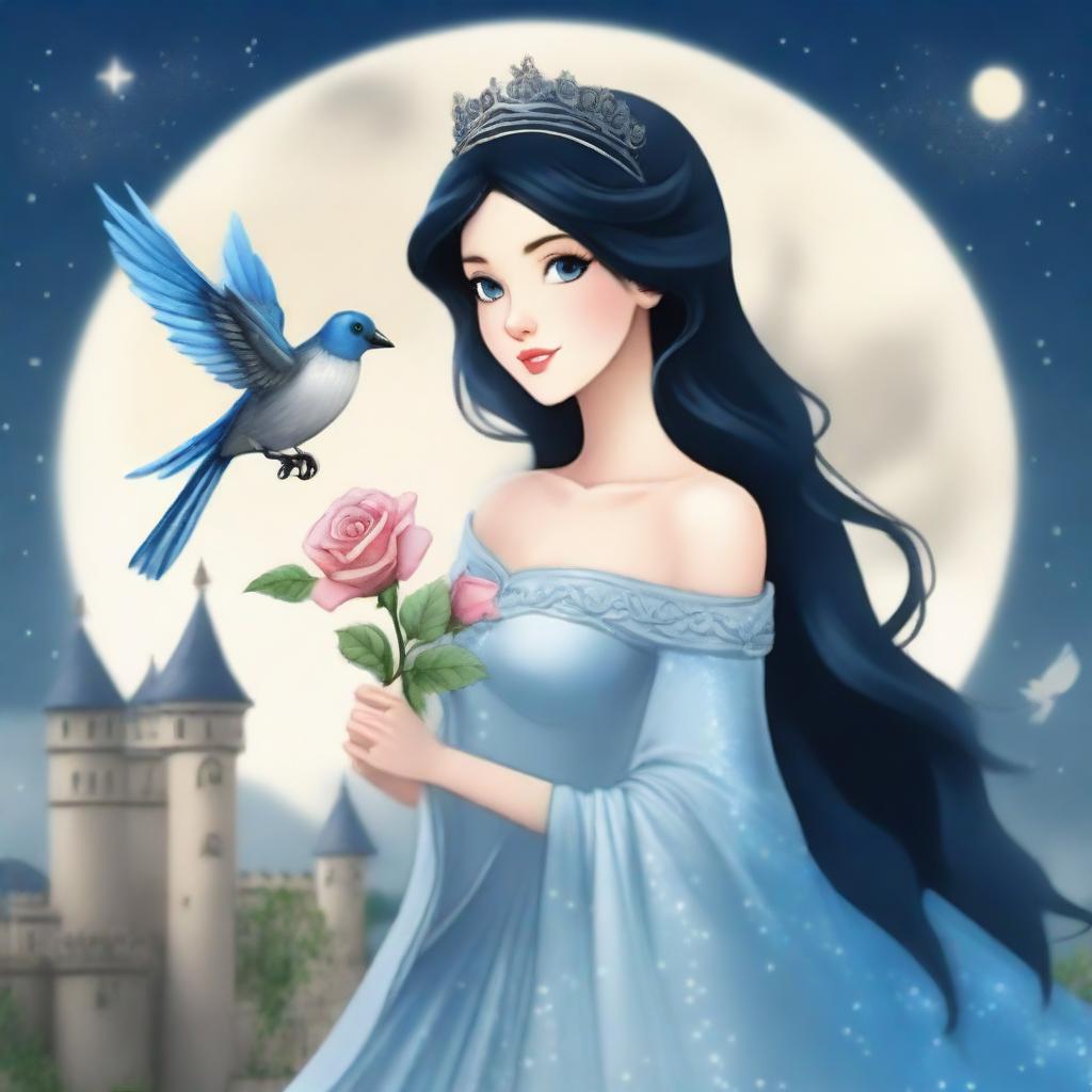 A beautiful woman with black hair and blue eyes, dressed in princess attire, is standing in a castle, holding a flower that resembles a grey rose