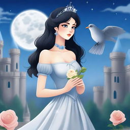 A beautiful woman with black hair and blue eyes, dressed in princess attire, is standing in a castle, holding a flower that resembles a grey rose