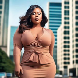 A confident woman with a voluptuous figure, dressed in elegant and tasteful clothing, standing in a stylish urban setting