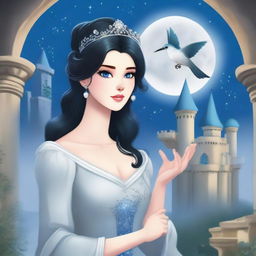 A beautiful woman with black hair and blue eyes, dressed in princess attire, is standing in a castle, holding a grey flower