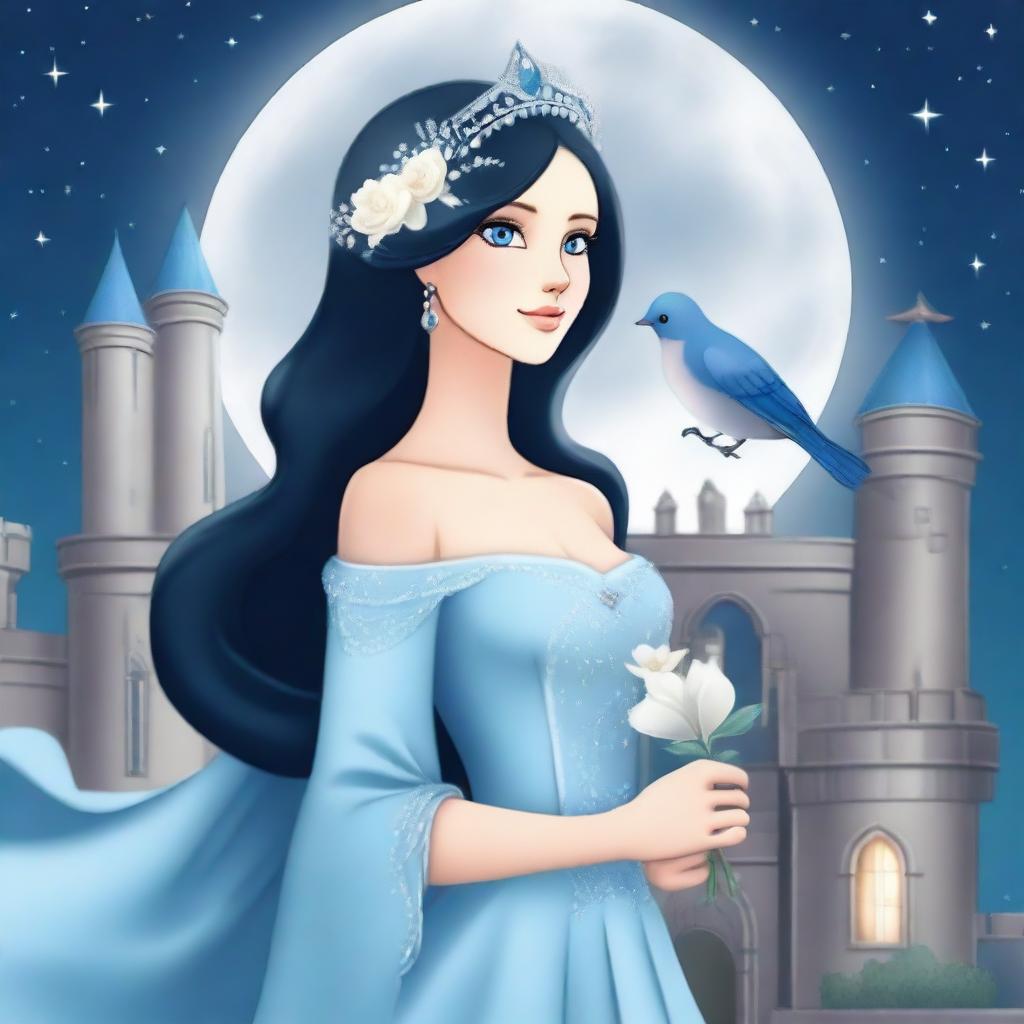 A beautiful woman with black hair and blue eyes, dressed in princess attire, is standing in a castle, holding a grey flower