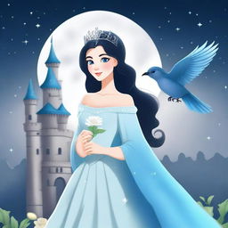 A beautiful woman with black hair and blue eyes, dressed in princess attire, is standing in a castle, holding a grey flower