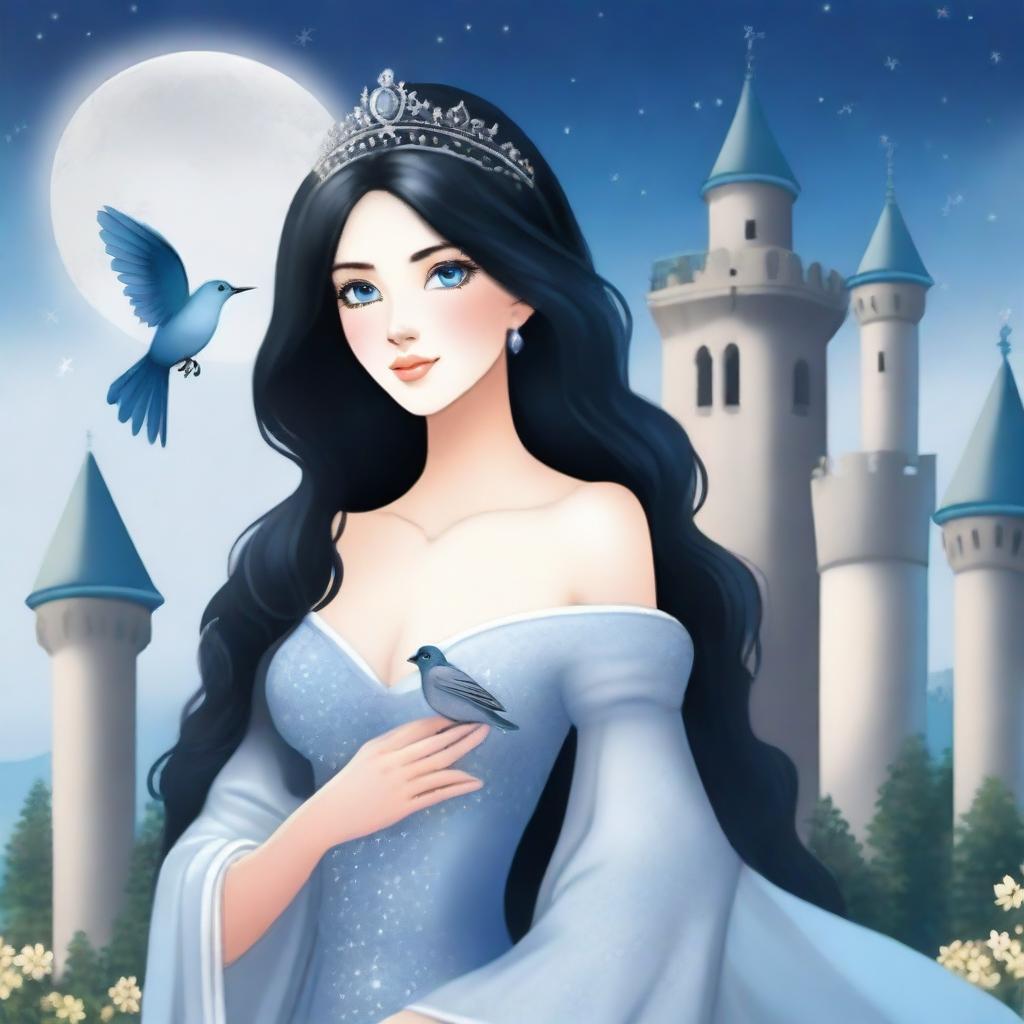 A beautiful woman with black hair and blue eyes, dressed in princess attire, is standing in a castle, holding a grey flower