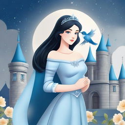 A beautiful woman with black hair and blue eyes, dressed in princess attire, is standing in a castle, holding a grey flower