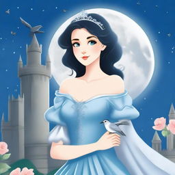 A beautiful woman with black hair and blue eyes, dressed in princess attire, is standing in a castle, holding a grey flower