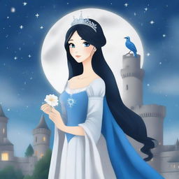 A beautiful woman with black hair and blue eyes, dressed in princess attire, is standing in a castle, holding a grey flower