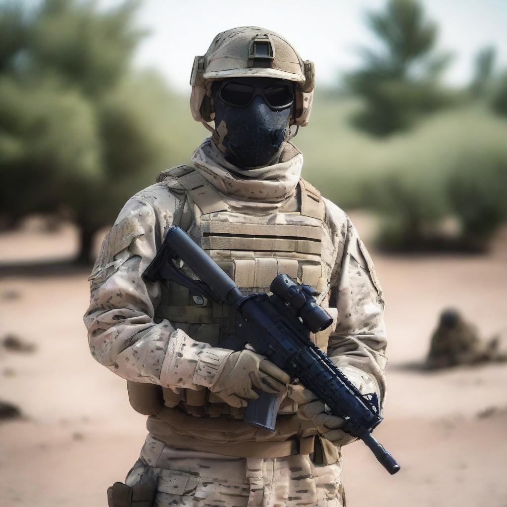 A soldier in a multicam uniform stands front and center, wearing a modern ghost mask