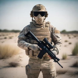 A soldier in a multicam uniform stands front and center, wearing a modern ghost mask