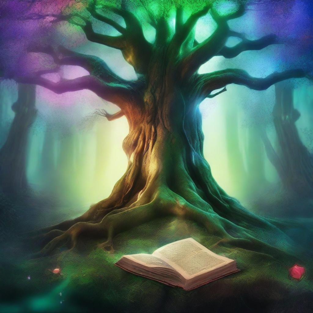 Create a captivating book cover featuring a mystical forest with glowing trees and a hidden ancient temple