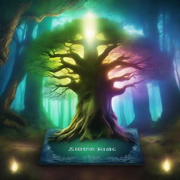 Create a captivating book cover featuring a mystical forest with glowing trees and a hidden ancient temple