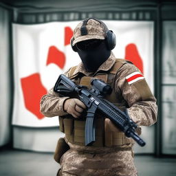 A person wearing a PMC suit is holding a gun in their hands