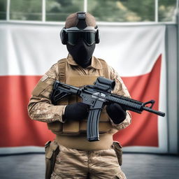 A person wearing a PMC suit is holding a gun in their hands