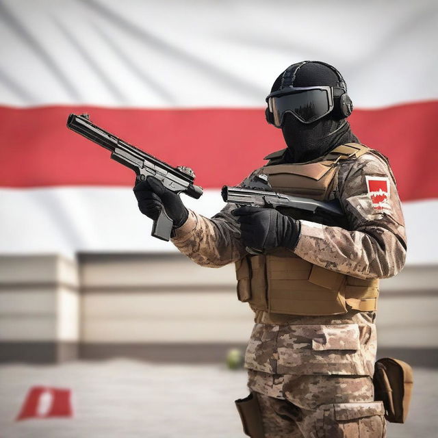 A person wearing a PMC suit is holding a gun in their hands