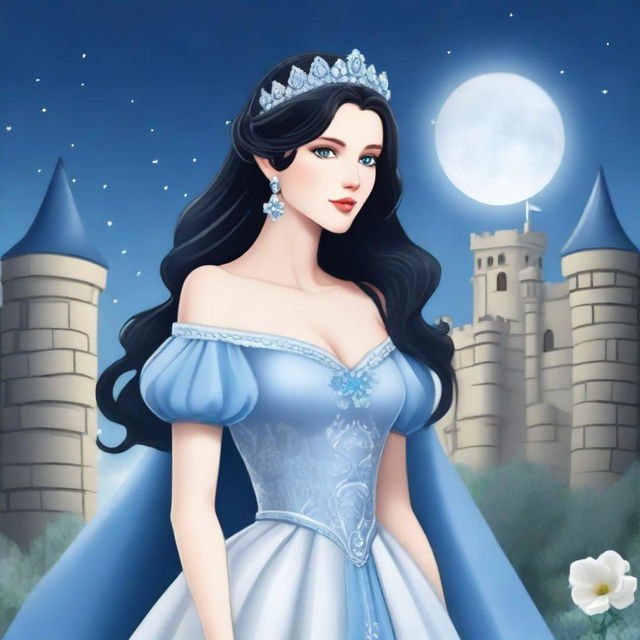 A beautiful woman with black hair and blue eyes, dressed in princess attire, is standing in a castle, holding a grey flower