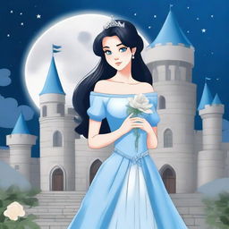 A beautiful woman with black hair and blue eyes, dressed in princess attire, is standing in a castle, holding a grey flower