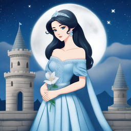 A beautiful woman with black hair and blue eyes, dressed in princess attire, is standing in a castle, holding a grey flower