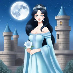 A beautiful woman with black hair and blue eyes, dressed in princess attire, is standing in a castle, holding a grey flower