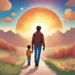 Create a book cover featuring a man and his 16-year-old son walking towards a huge sun in front of them