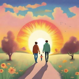 Create a book cover featuring a man and his 16-year-old son walking towards a huge sun in front of them