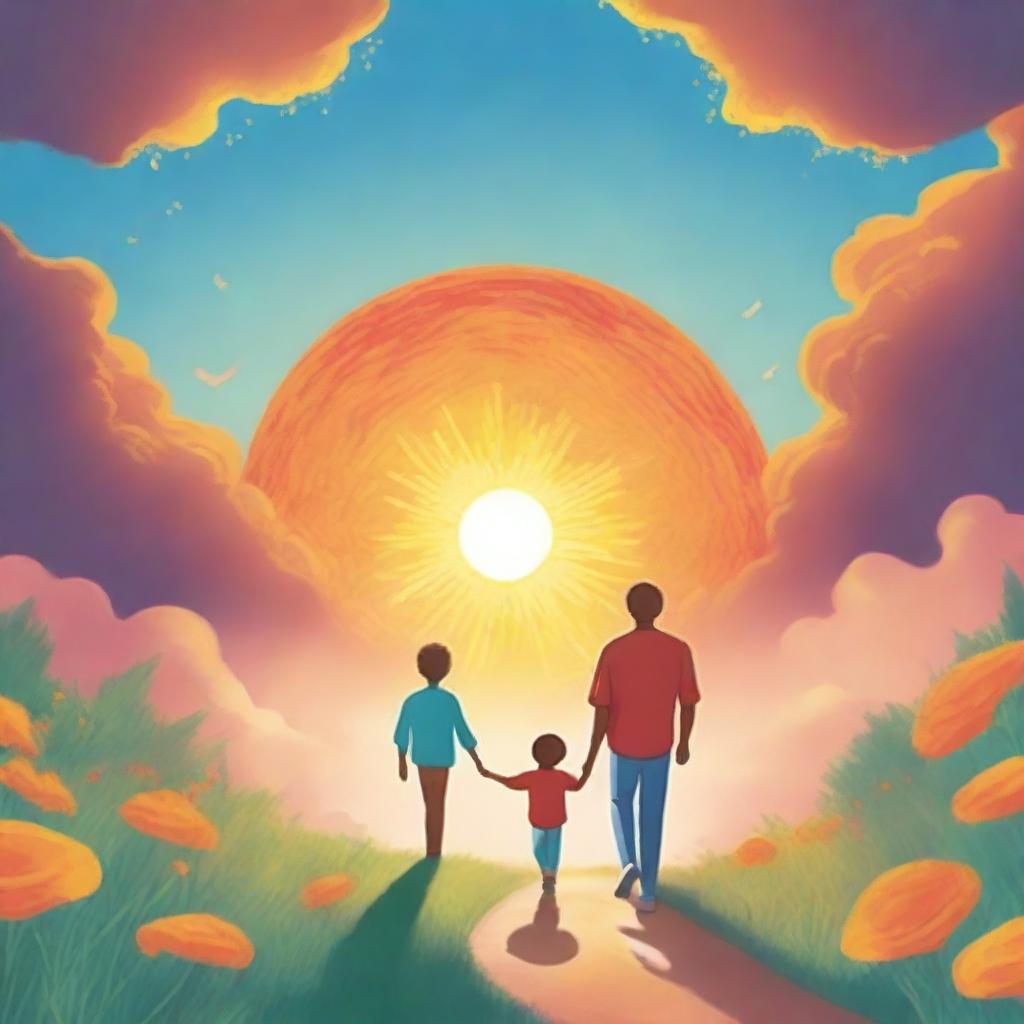 Create a book cover featuring a man and his 16-year-old son walking towards a huge sun in front of them