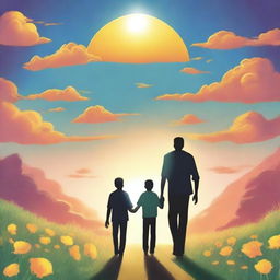 Create a book cover depicting a man and his 16-year-old son walking towards a huge sun in front of them