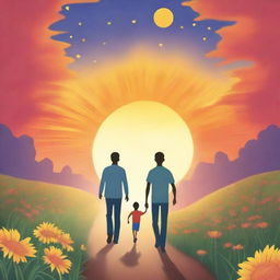 Create a book cover depicting a man and his 16-year-old son walking towards a huge sun in front of them