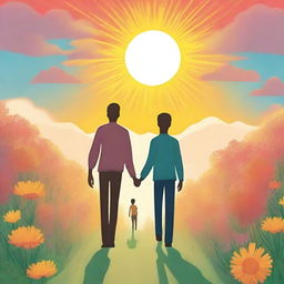 Create a book cover depicting a man and his 16-year-old son walking towards a huge sun in front of them