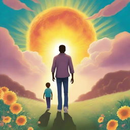 Create a book cover depicting a man and his 16-year-old son walking towards a huge sun in front of them