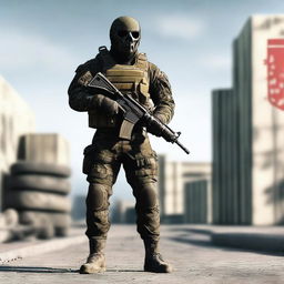 A person wearing a military PMC suit and the ghost skull mask from Modern Warfare walks forward, leaving a wide space on the left side of the image