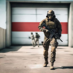 A person wearing a military PMC suit and the ghost skull mask from Modern Warfare walks forward, leaving a wide space on the left side of the image