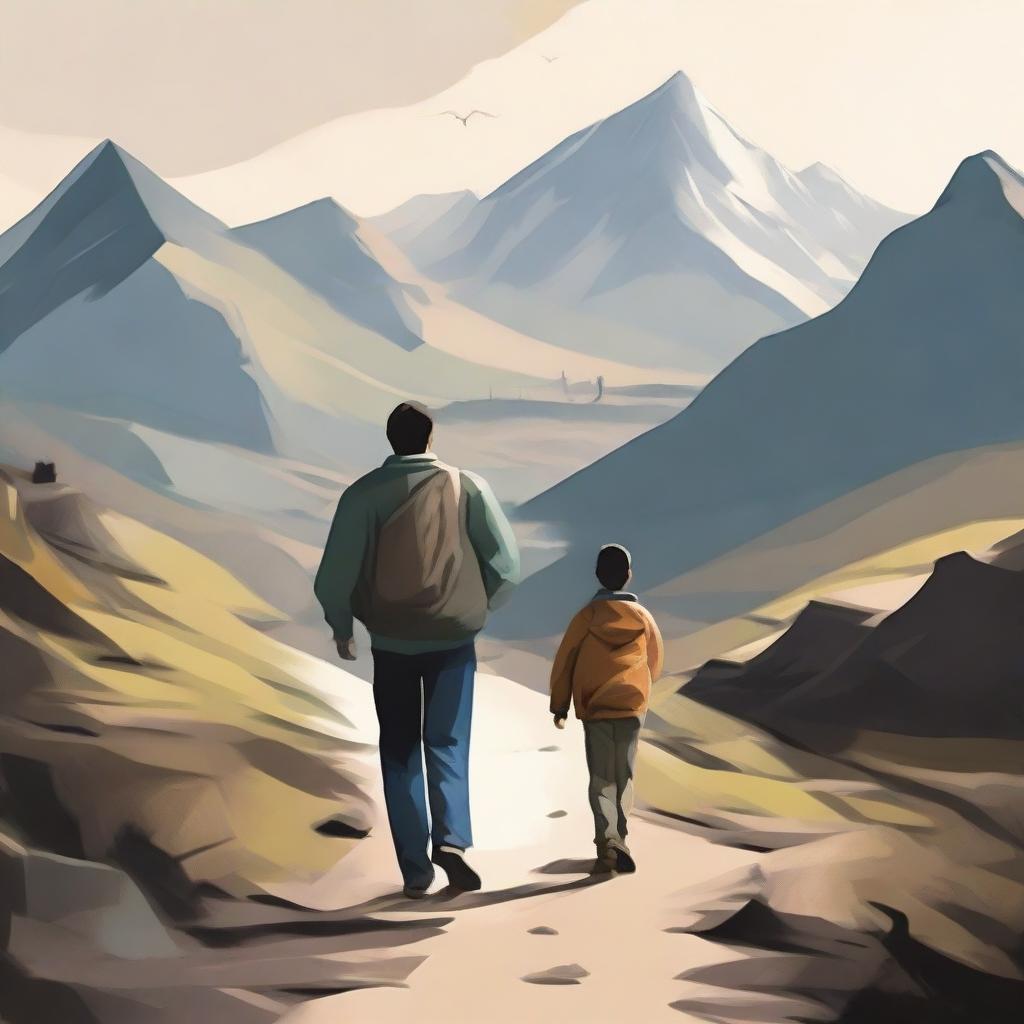 Create an image of a man and his son walking on a complicated path