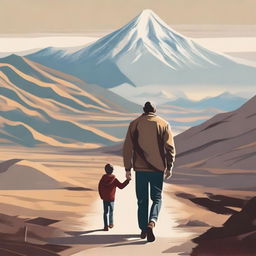 Create an image of a man and his son walking on a complicated path