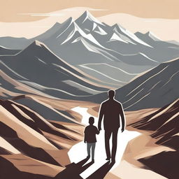 Create an image of a man and his son walking on a complicated path