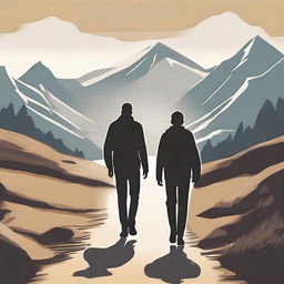 Create an image of a man and his son walking on a complicated path