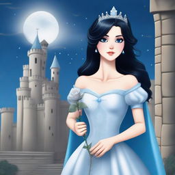 A beautiful woman with black hair and blue eyes, dressed in princess attire, is standing in a castle, holding a grey rose