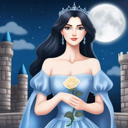 A beautiful woman with black hair and blue eyes, dressed in princess attire, is standing in a castle, holding a grey rose