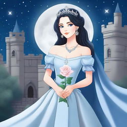 A beautiful woman with black hair and blue eyes, dressed in princess attire, is standing in a castle, holding a grey rose