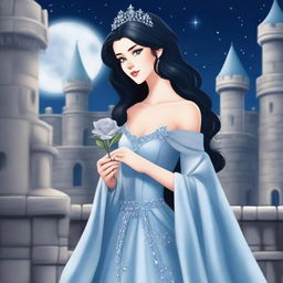 A beautiful woman with black hair and blue eyes, dressed in princess attire, is standing in a castle, holding a grey rose