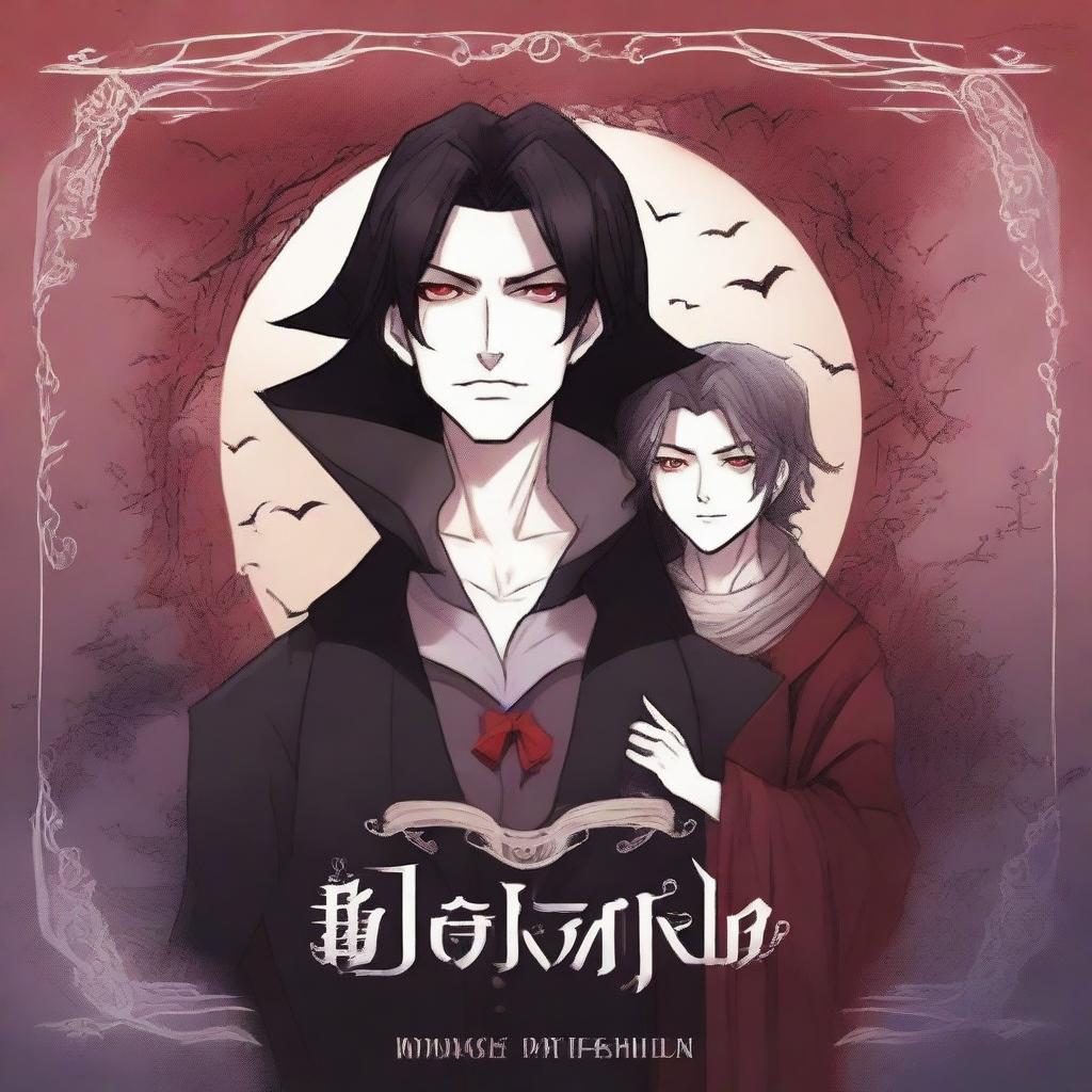 Create an animated book cover in manga style featuring a romantic fantasy vampire theme